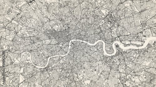 City street map of Greater London area, UK, in black and light beige. High resolution full frame minimalist poster style road map or urban street plan of London. Vintage look.