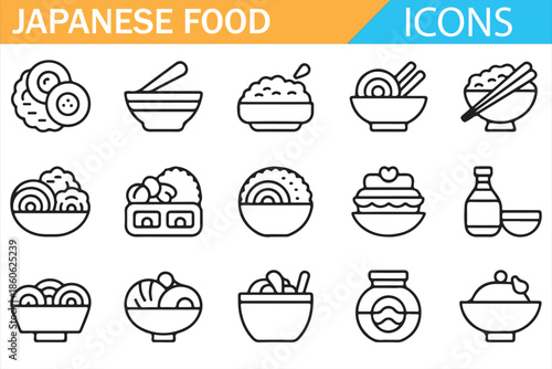 Asian Cuisine Icons Featuring Sushi, Rice and Tea