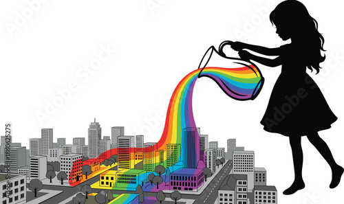 Silhouette girl pouring rainbow paint over grayscale cityscape, colorful urban transformation concept, imaginative fantasy illustration, vector creativity artwork scene
