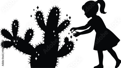 Silhouette girl reaching toward sparkling cactus plant, symbolizing curiosity, childhood wonder, exploring nature, learning boundaries and discovering environment illustration art