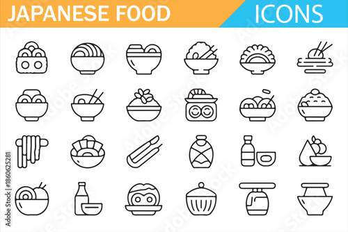 Traditional Japanese Food Symbols in Minimal Line Icon Style