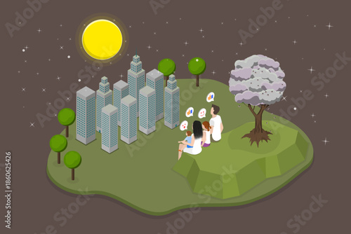 3D Isometric Flat Vector Illustration of Happy Moon Festival, Parents And Kids Admire Full Moon