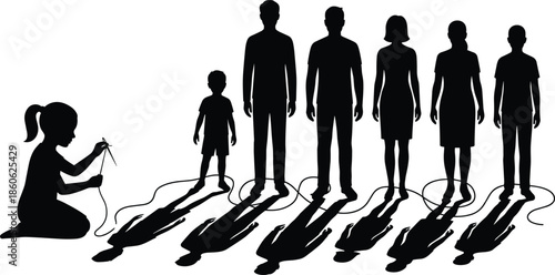 Silhouette girl stitching shadows of family, surreal concept of connection, identity, memory and time, creative symbolic illustration artwork