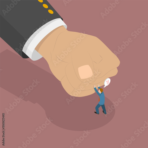 3D Isometric Flat Vector Illustration of Big Fist, Small Man Challenges Giant Corporation With Innovative Business Idea