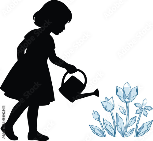 Silhouette girl watering crystal flowers, magical fantasy illustration of child growing gemstones, surreal nature concept art for imagination