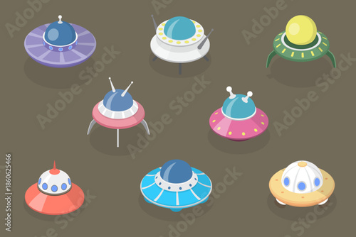 3D Isometric Flat Vector Set of Spaceships, UFOs With Light Rays In Night City Sky
