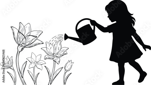 Silhouette girl watering flowers with watering can, nurturing growth nature illustration, childhood gardening concept, floral plant vector artwork