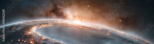 Wallpaper Mural A cosmic arch-frame made of stardust appears above the earth. Lights shimmer along the planet's edge while bright stars fill the sky, creating a stunning view of the galaxy Torontodigital.ca