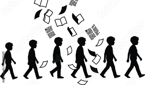 Silhouette of child growth stages walking forward with flying books and papers, symbolizing education journey, learning development, knowledge evolution, academic progress