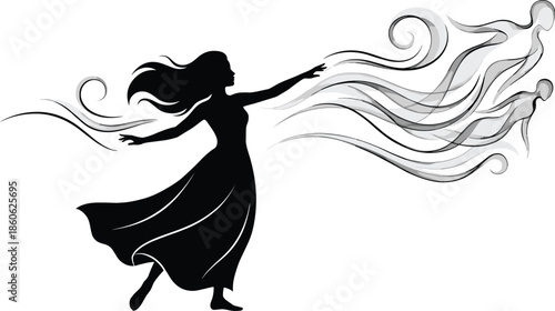 Silhouette of elegant woman releasing ethereal flowing spirits, magical fantasy illustration symbolizing freedom, soul energy and emotional transformation