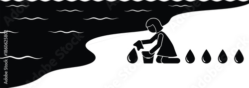 Silhouette of girl kneeling at shoreline collecting water drops into bucket, creative environmental conservation concept, saving ocean illustration