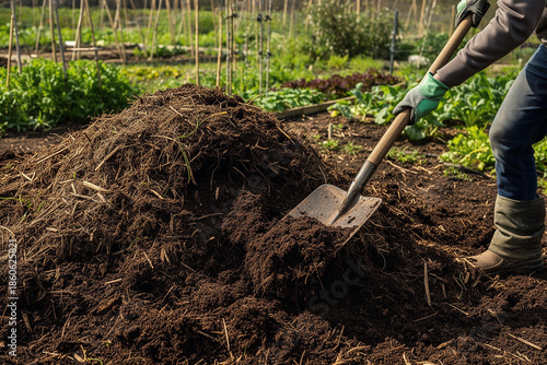 Gloved hands turning compost with pitchfork.