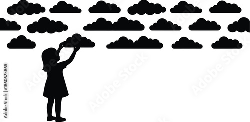 Silhouette of girl reaching up to touch floating clouds, imaginative childhood dream illustration symbolizing creativity, aspirations, hope and limitless imagination