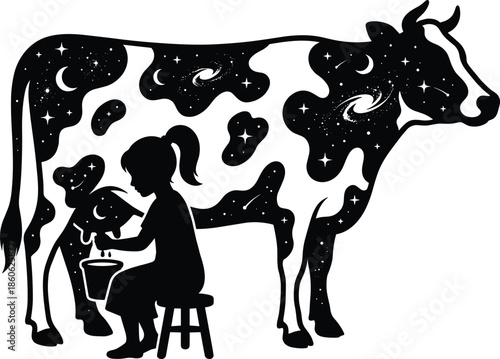Silhouette of girl milking cosmic galaxy cow under moon and stars, magical surreal farm fantasy scene with celestial patterns illustration