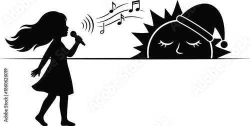 Silhouette of little girl singing with microphone to sleepy sun, playful morning wake up concept, music illustration for children