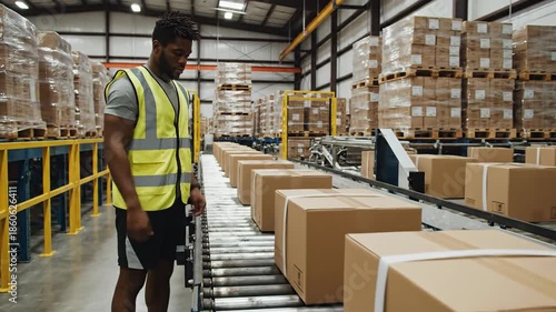 Worker overseeing cardboard boxes moving on a conveyor belt in a warehouse