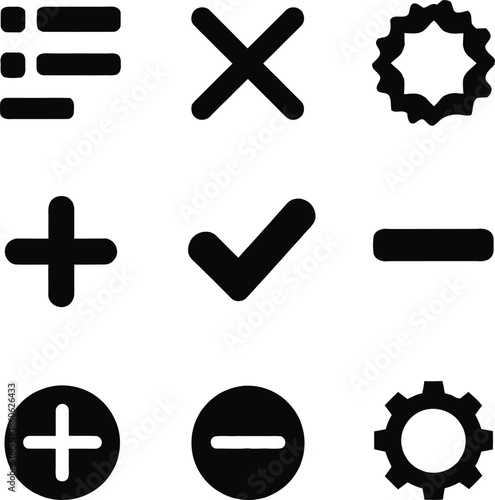 Black and white set of various interface symbols and icons for user interface design and development purposes online