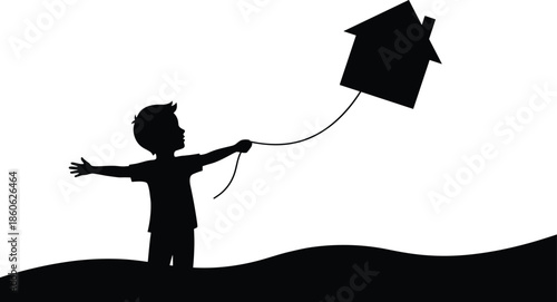Silhouette of young boy flying a house-shaped kite outdoors, imaginative childhood illustration symbolizing dreams, independence, home and limitless possibilities