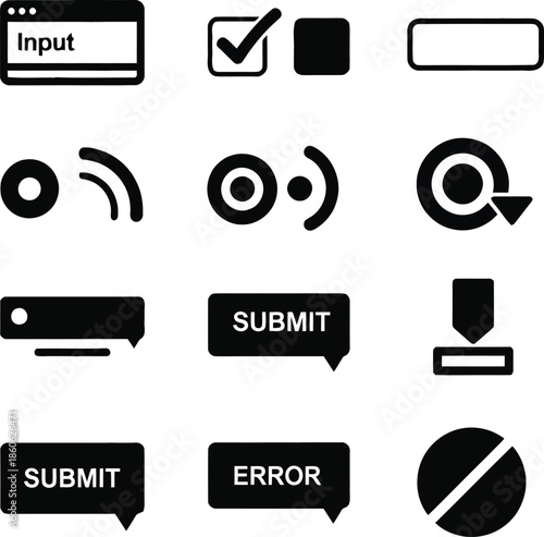 Collection of various black and white web interface icons including submit error input symbols