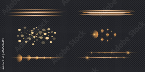 Golden light effect collection with glowing streaks, bokeh, and lens flare on a dark background