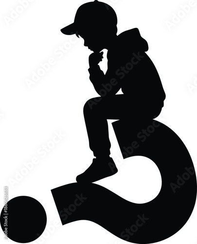 Silhouette of young boy sitting on giant question mark thinking, creative childhood curiosity illustration symbolizing wonder, learning, ideas and problem solving