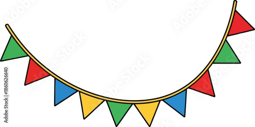 A colorful illustration of two rows of triangular bunting flags in red, green, blue and yellow on a white background for festive decoration