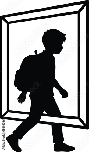 Silhouette of young boy walking through picture frame doorway, imaginative childhood transition illustration symbolizing new beginnings, opportunity and entering a different world