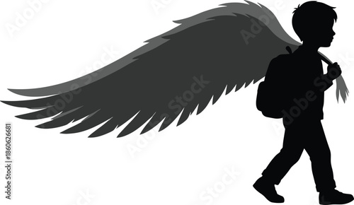 Silhouette of young boy walking with backpack and large angel wings, fantasy childhood dream illustration symbolizing hope, imagination, freedom