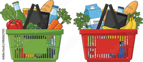 Pair of plastic green and red grocery baskets filled with fresh vegetables fruits and dairy products isolated on white background vector.