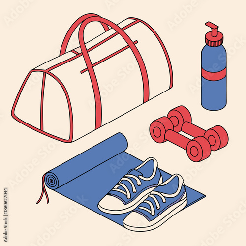 Fitness equipment including gym bag, water bottle, dumbbells, and yoga mat with sneakers duffel
