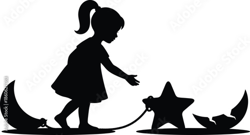 Silhouette of young girl pulling a star on a rope between crescent moons, dreamy childhood fantasy illustration symbolizing imagination and wonder