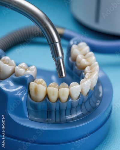 Macro shot of dental suction tube over blue dental model teeth image