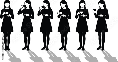 Silhouette woman drinking coffee tea progression sequence, minimalist black white illustration showing beverage routine habit, lifestyle relaxation concept with shadows