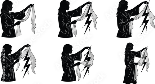 Silhouette woman holding lightning bolt wrapped in fabric, powerful mystical energy concept, magical electricity illustration dramatic scene