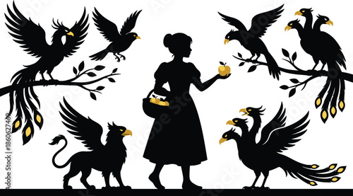 Silhouette woman offering golden apples to mythical birds and griffins, fantasy illustration of magical creatures, enchanted forest mythology vector artwork
