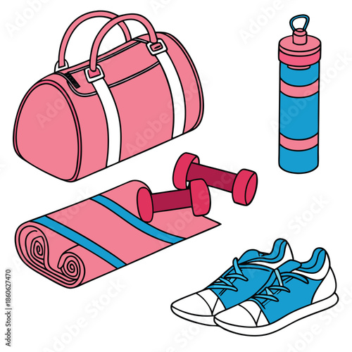 Pink and Blue Gym Bag Shoes Dumbbells Water Bottle and Yoga Mat Isometric Illustration Keywords: gym bag, duffel bag, sports bag, gym shoes, sneakers, running shoes, dumbbells, weights, yoga mat