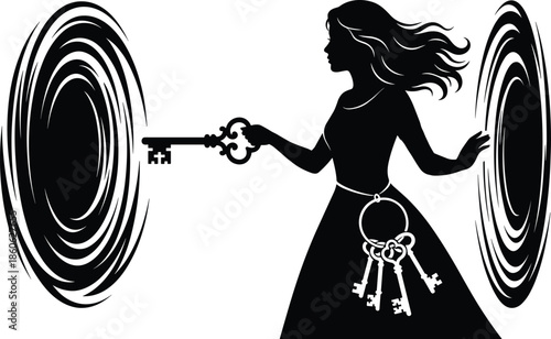 Silhouette woman unlocking swirling magic portal with ornate key, fantasy doorway between worlds, mystery access, powerful transformation illustration concept