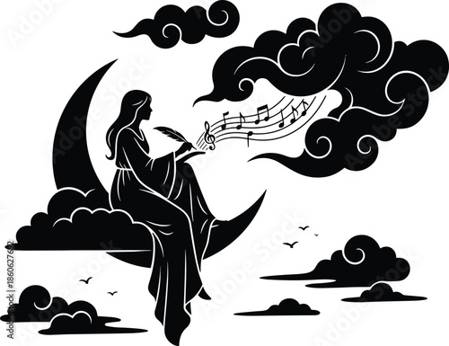Silhouette woman writing music on moon, musical notes floating through clouds, fantasy night creativity, dreamy celestial inspiration illustration art