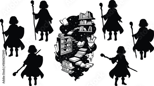 Silhouettes of young mage child with staff surrounding floating magical library, fantasy books and scrolls in enchanted mystical scene