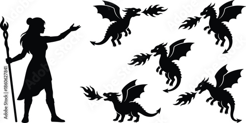 Sorceress summoning fire-breathing dragons, fantasy magic silhouette illustration of wizard woman commanding flying mythical creatures, medieval epic artwork
