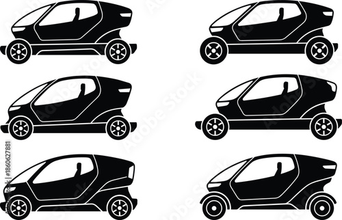 Stylized compact car illustrations, black and white design, wheel variations comparison, automotive customization concept, rim aesthetics, vehicle design elements, marketing visuals