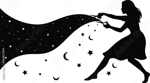 Surreal silhouette of woman cutting night sky fabric, stars and moons falling, symbolic transformation, imagination, whimsical art, emotional storytelling