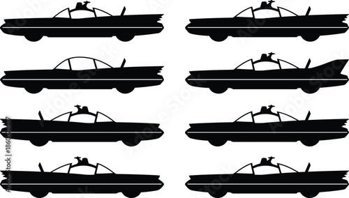 Vintage car silhouettes with rooftop birds, visual puzzle illustration for pattern recognition and cognitive comparison in black and white