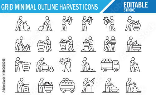 Editable stroke line icons for farm produce gathering and transport.