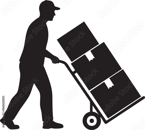 Delivery Driver Moving Tall Stack of Boxes with Hand Truck Silhouettes isolated on white background