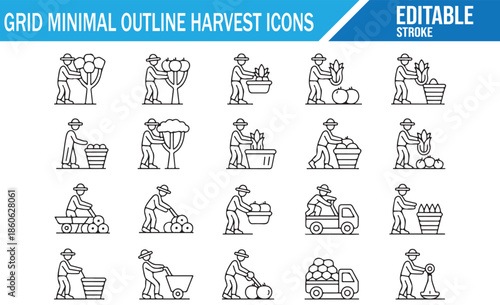 Agricultural symbols set including farmer, cart, truck, and various crops.