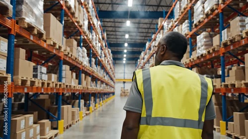 Worker overseeing industrial warehouse storage and logistics operations