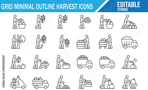 Vector line icons depicting a farmer picking, carrying, and transporting food.-