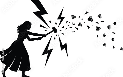 Woman silhouette striking with hammer, explosive crystal burst and lightning impact, black and white fantasy illustration of transformation