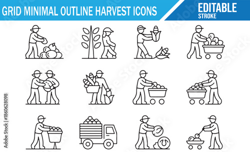 Set of 24 line art symbols for agricultural harvest, fruits, and vegetables.